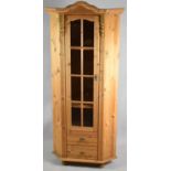 A Pine Double Free Standing Corner Cabinet with Glazed Section Over Two Small Drawers, 90cm wide