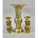 A Single Brass Oriental Trumpet Vase and Pair of Smaller Two Handled Vase, with Etched and Moulded