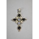 A Victorian Silver Crucifix Mounted with Jet and Crystal Cabochon, 6cm high