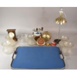 A Tray of Sundries to Include Etched Glass Light Shades, Clockwork Tinplate Toys, Coffee Grinder,