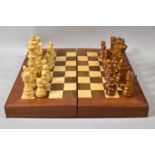 A Modern Inlaid Chess/Backgammon Board Containing Full Set of Wooden Chess Pieces, Kings 9cm high