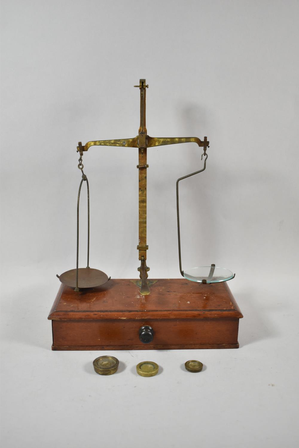 A Set of 2oz Class B Pan Scales on Mahogany Plinth Base with Single Fitted Long Drawer Containing