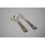 An Abalone Mounted Sterling Silver Knife and Spoon Set in Unrelated Case