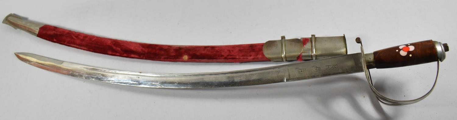 A 20th Century Sikh Curved Blade Sword with Velvet Mounted Scabbard