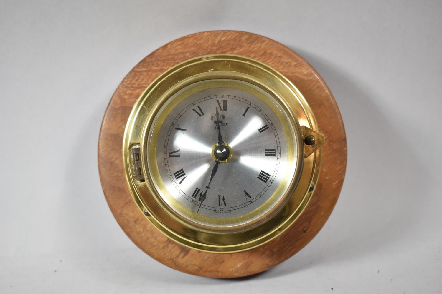 A Modern Brass Circular Miniature Ships Clock Mounted on Wooden Surround, 17.5cm Diameter