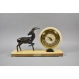 A French Blonde Marble Art Deco Mantle Clock of Circular Form, 18cm Diameter with Bronze Effect Deer