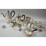A Collection of Silver Plate to Include Sauce Boats, Helmet Shaped Sugar Bowl, Coffee Pot,