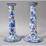 A Pair of Burleigh Ware Blue and White Candlesticks, 21cm high
