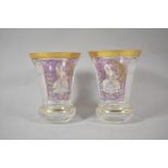 A Pair of Continental Cut Glass Vases with Overlaid Gilt Decorated Panels Depicting Continental