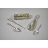 An Embossed Silver Dressing Table Box, 13cm Long, Silver Mounted Shoe Horn and Button Hook and Two