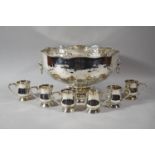 A Large Mid 20th Century Silver Plated Punch Bowl Lion Mask Handles and Repousse Work Swag