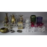 A Collection of Various Metal and Glasswares to Include Various Candle Sticks, Coffee Pot, Jug,