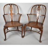 A Pair of Hoop Backed Windsor Arm Chairs with Wheel Splats and Spindle Supports Having Crinoline