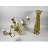A Brass Six Branch Ceiling Chandelier and a Tall Brass Vase, 45cm high