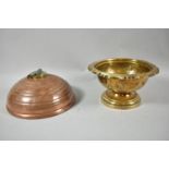 A Copper Circular Hot Water Bottle and a Brass Bowl, 20cm wide