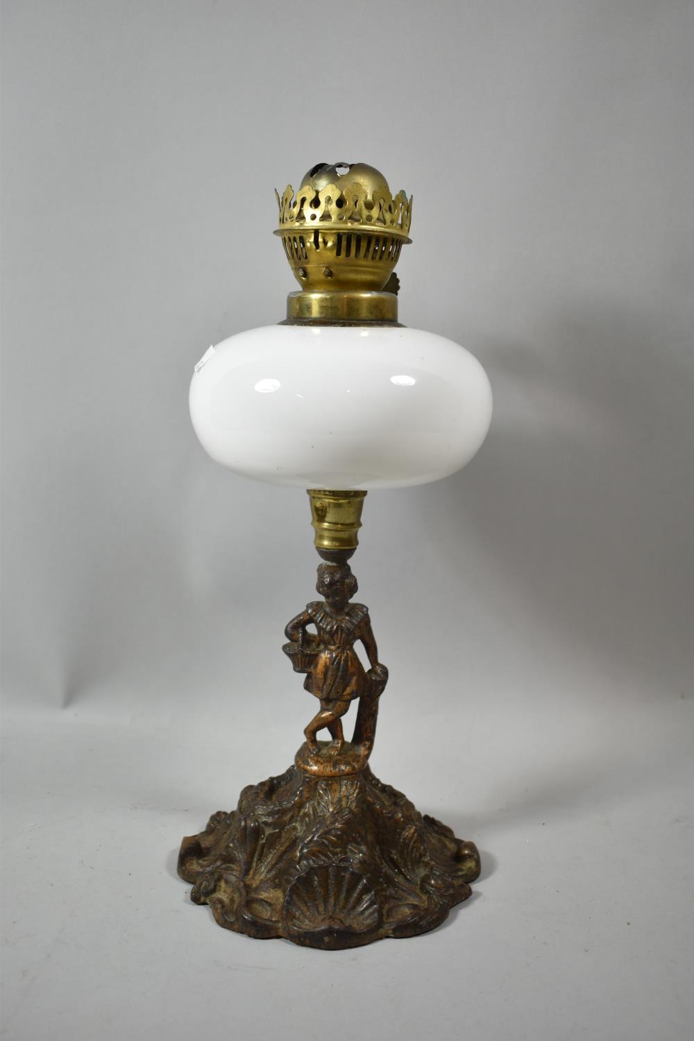 A Late 19th/Early 20th Century Case Metal Figural Oil Lamp, The Support in the Form of Girl with