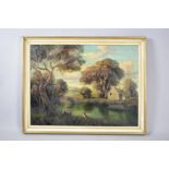 A Large Framed Oil on Board Depicting Man and Dog Sat Beside River, 75cm wide