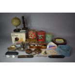 A Collection of Various Tins and Advertising Ashtrays, Cut Throat Razor and Spectacles, Darts and