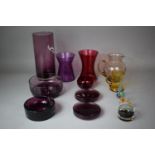 A Collection of Various Coloured Glassware to Include Large Aubergine Cylindrical Vase (Chip to