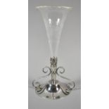 A Glass Single Trumpet Epergne with Etched Floral Decoration on Silver Plated Circular Base with
