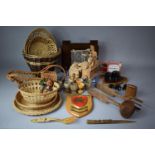 A Box Containing Various Wicker Baskets, Oak Barometer, Vintage Optic Pourers etc