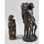 Two Carved Wooden African Figural Ornaments, Mother and Children and Masai Tribes People, 34cm high