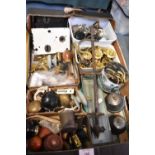 A Box Containing Vintage Door Knobs, Brass Coat Hooks, Brass Furniture Mounts, Brass Picture