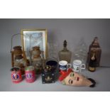 A Box Containing Various Hurricane Lamps, Pierced Lantern, Print, Glassware, Wall Plaque