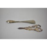 A Silver Mounted Shoe Horn and Silver Plated Pair of Grape Scissors