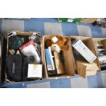 Three Boxes of Sundries to Include Glassware, BT Phones, Soft Toy, Wind-up Lantern, Union Jack etc