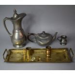 A Brass Rectangular Tray Together with Pewter Teapot, Brass and Pewter Measures, Lidded Jug and