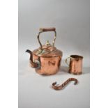 A 19th Century Copper Kettle, Copper Tankard and Copper S Hook