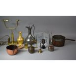 A Collection of Various Metalwares to Include Copper Saucepan, Pewter Lidded Jug, Gold Plated