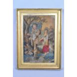 A Large Gilt Framed 19th Century Silk Embroidery Depicting Farmer and Wife, 54.5cm high