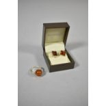 A Pair of Silver Mounted Amber Earrings and Matching Ring, Size O