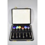 A Cased Set of Six Silver and Enamelled Coffee Bean Spoon, One AF