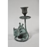 A Patinated Metal Novelty Candle Stick in the Form of a Seated Mouse Reading Book, 14cm high