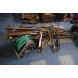 A Collection of Various Vintage Garden and Farming Tools, Hose reel, Surveyors Chains, Wind