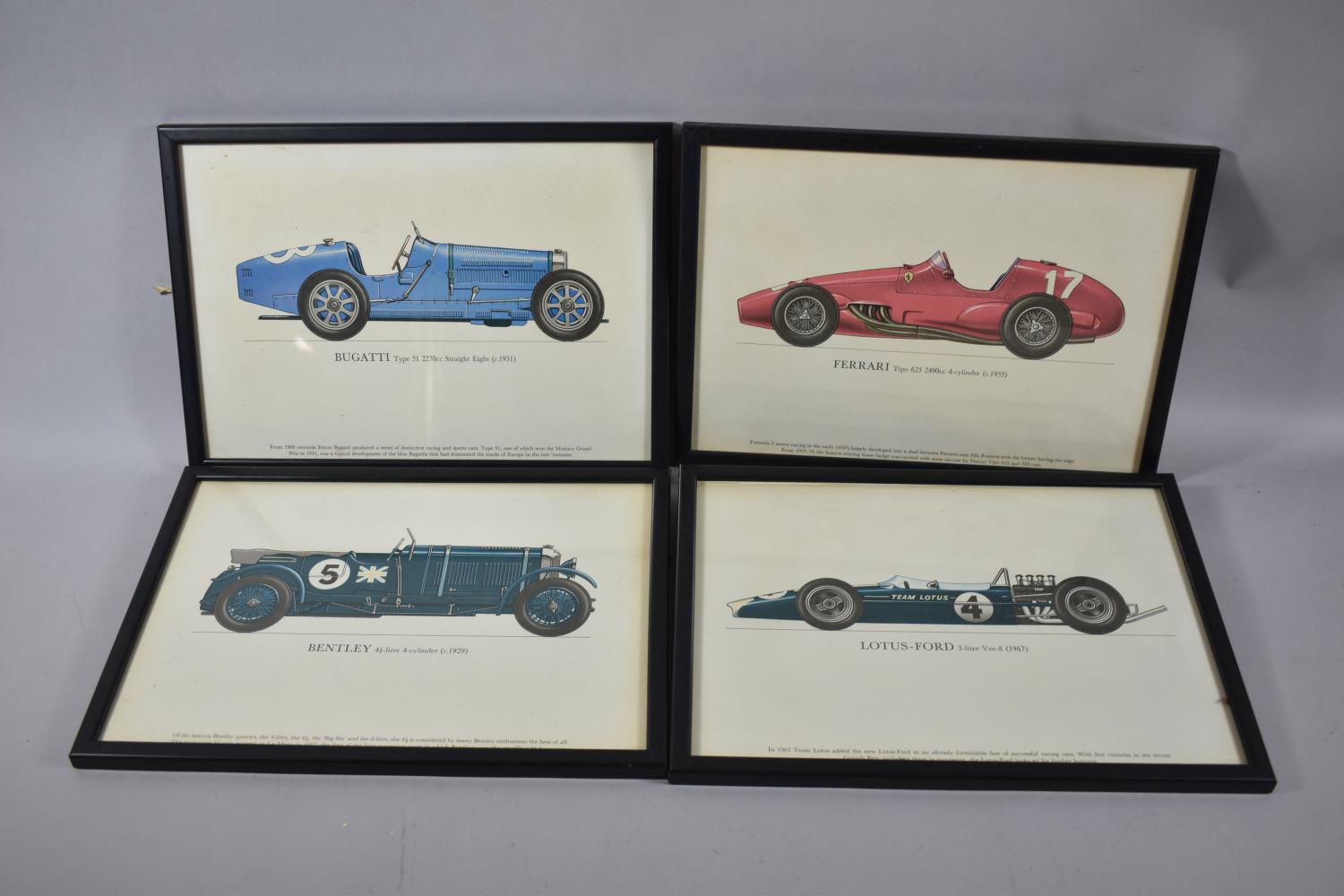 A Set of Four Framed Vintage Car Prints, Each 31cm Long