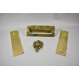 Two Brass Door Finger Plates, Lion Mask Door Knocker and a Letter Flap