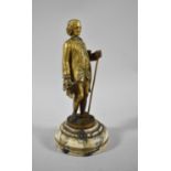 A French Gilt Bronze Figure of Gent with Staff Carrying Scroll on Circular Marble Plinth, 18cm high