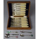 A Cased Set of Six Bone Handled Fish Knives and Forks and a Collection of Two Tea Spoons and