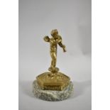 A French Gilt Bronze Study of Cherub Playing Horn on Circular Marble Base, 17.5cm high