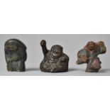 A Collection of Three Bronze and Carved Wooden Japanese Okimonos/Sculptures to Include Erotic