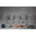 A Collection of Various Glassware to include Paperweights Vases, Jugs, Decanter Etc