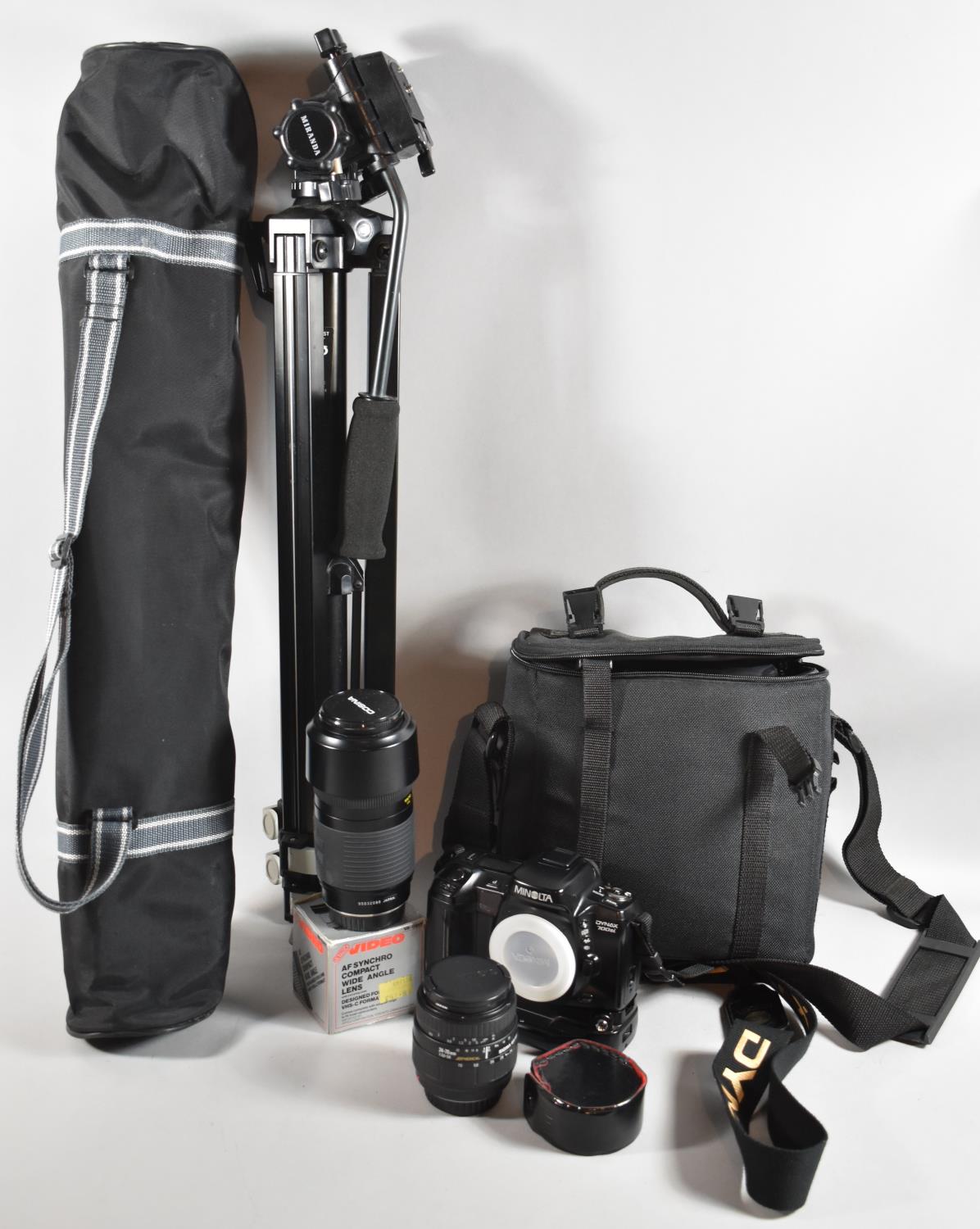 A Minolta Dynax 700SI 35mm Camera with Carrying Bag and Various Lenses Also Miranda Camera Tripod in