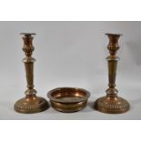 A Nice Quality Sheffield Plated Bottle Coaster and Pair of Candle Sticks, 25.5cm high