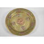 A Chinese Mixed Metal Temple Offertory Plate Decorated with Copper Rosettes Depicting Dragon and