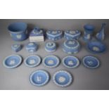 A Collection of 18 Pieces of Wedgwood Jasperware to include Lidded Pots, Vases, Candle Stick