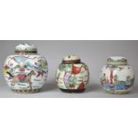 A Collection of Three Chinese Lidded Ginger Jars to Include Famille Rose Colourway Example Featuring